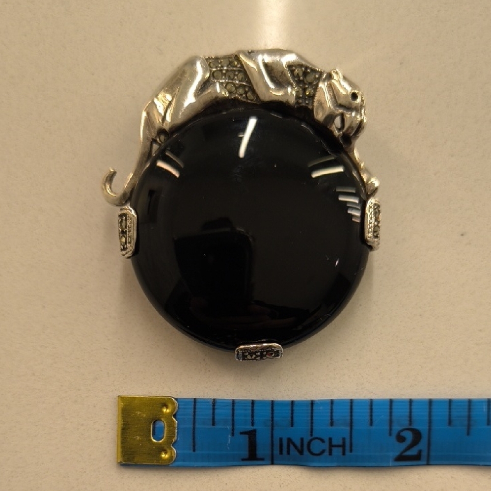 Vintage .925 Sterling, Onyx, & Marcasite Panther Brooch Or Pendant - Picture 11 of 17